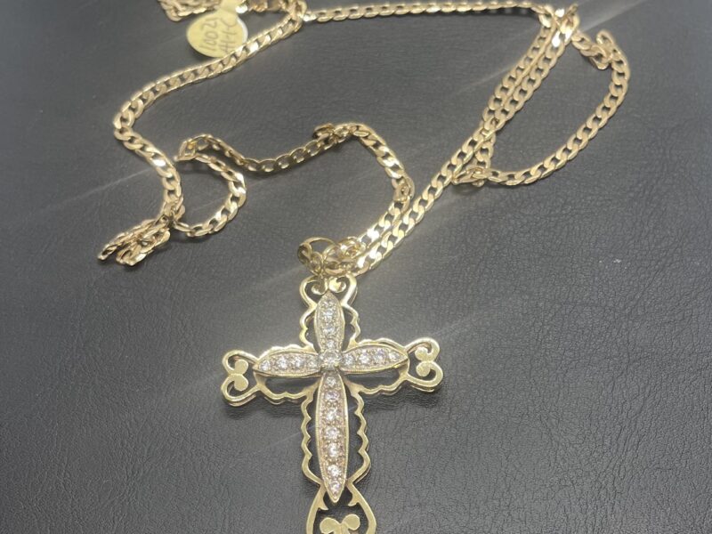 9ct CZ set Gold Cross and Chain